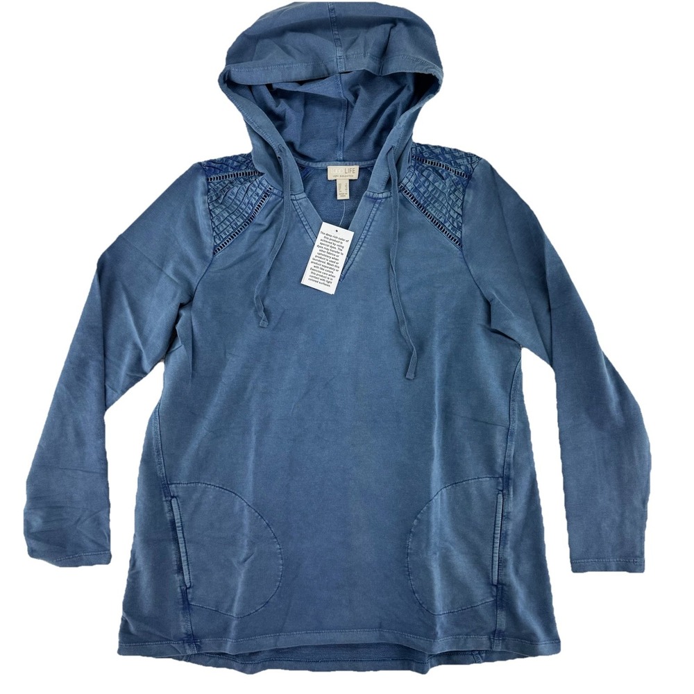 LOGO Life by Lori Goldstein French Terry Pullover Hoodie Sweater Small Blue